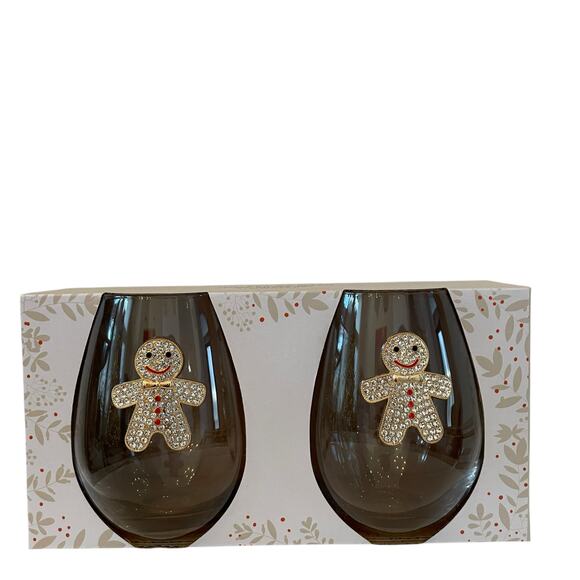 Christmas Jeweled Gingerbread Stemless Wine Glasses Chic Holiday Barware New - Picture 9 of 12